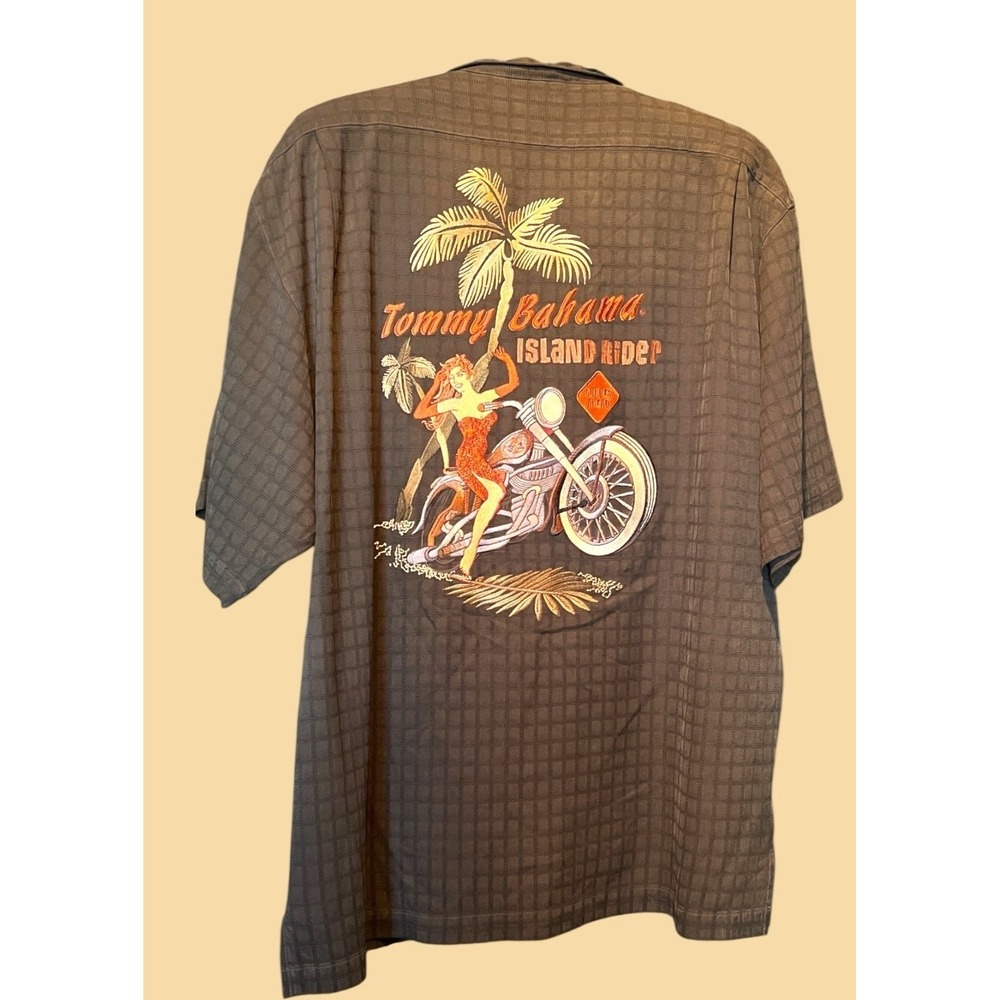 Tommy Bahama  Black Silk Camp Shirt Island Rider Biker Curves Ahead Bombshell‎ L